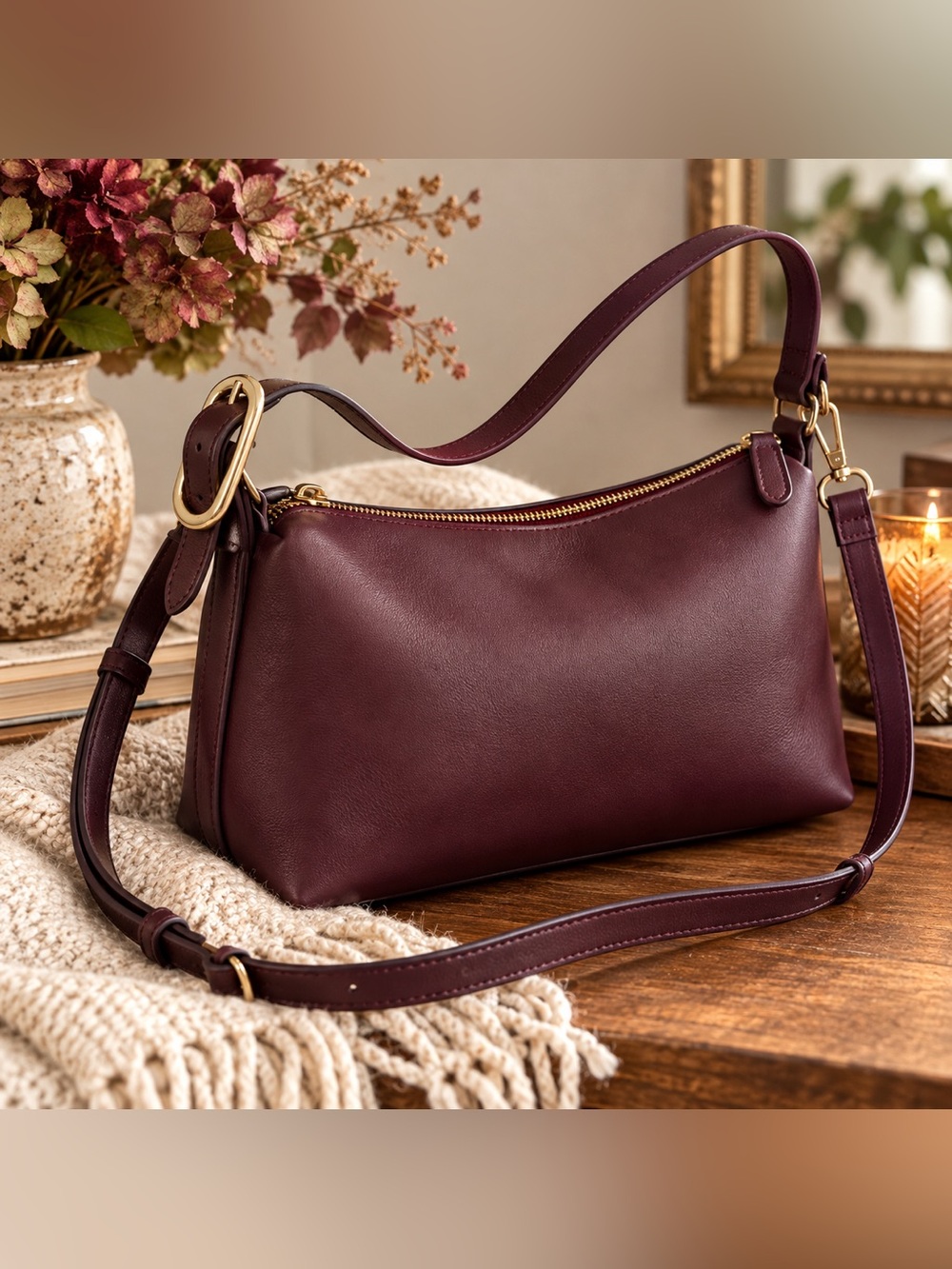 Old Navy Burgundy Shoulder Bag Crossbody Convertible Wine Gold Hardware Y2K